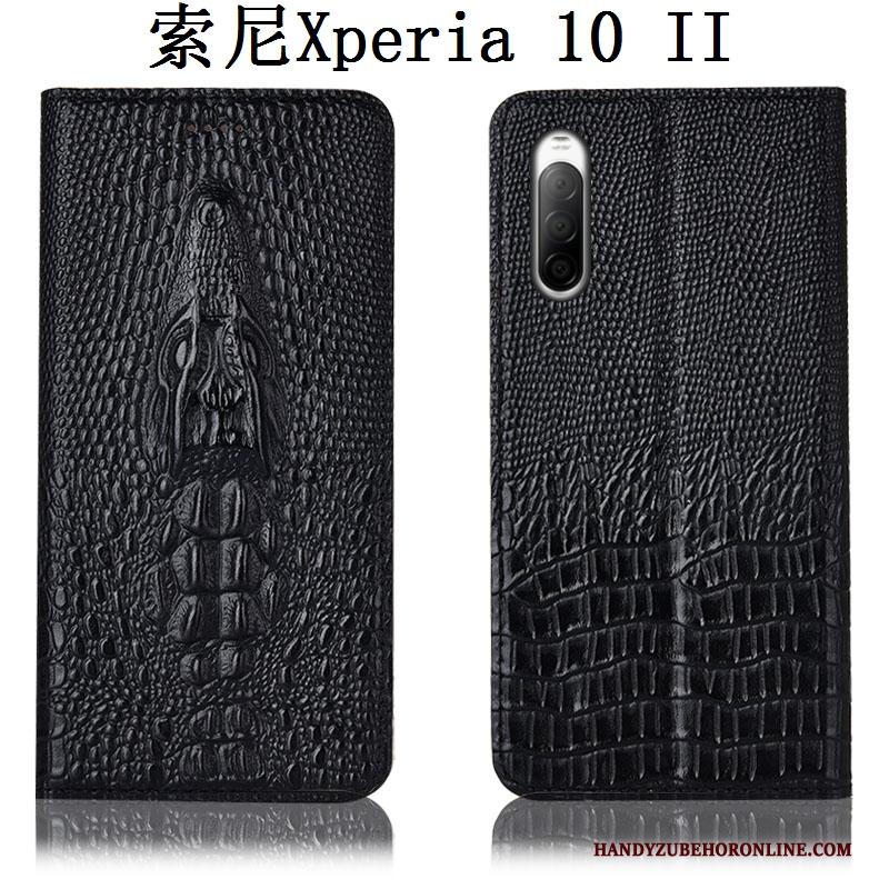 Sony Xperia 10 Ii Zwart Krokodil Folio Hoes Leren Etui Bescherming Hoesje Telefoon