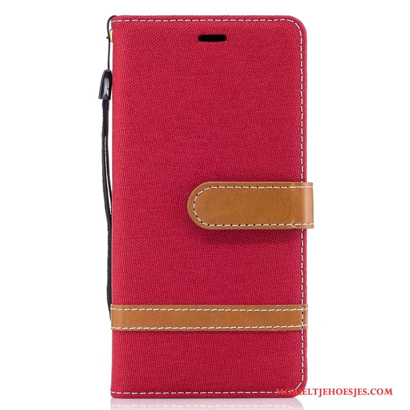 Sony Xperia Xa1 Hoesje Mobiele Telefoon Portemonnee Denim Folio Leren Etui Rood