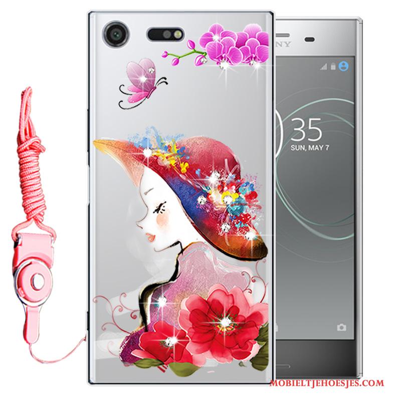 Sony Xperia Xz1 Anti-fall Hoesje Telefoon Bescherming Mobiele Telefoon Roze Zacht Met Strass