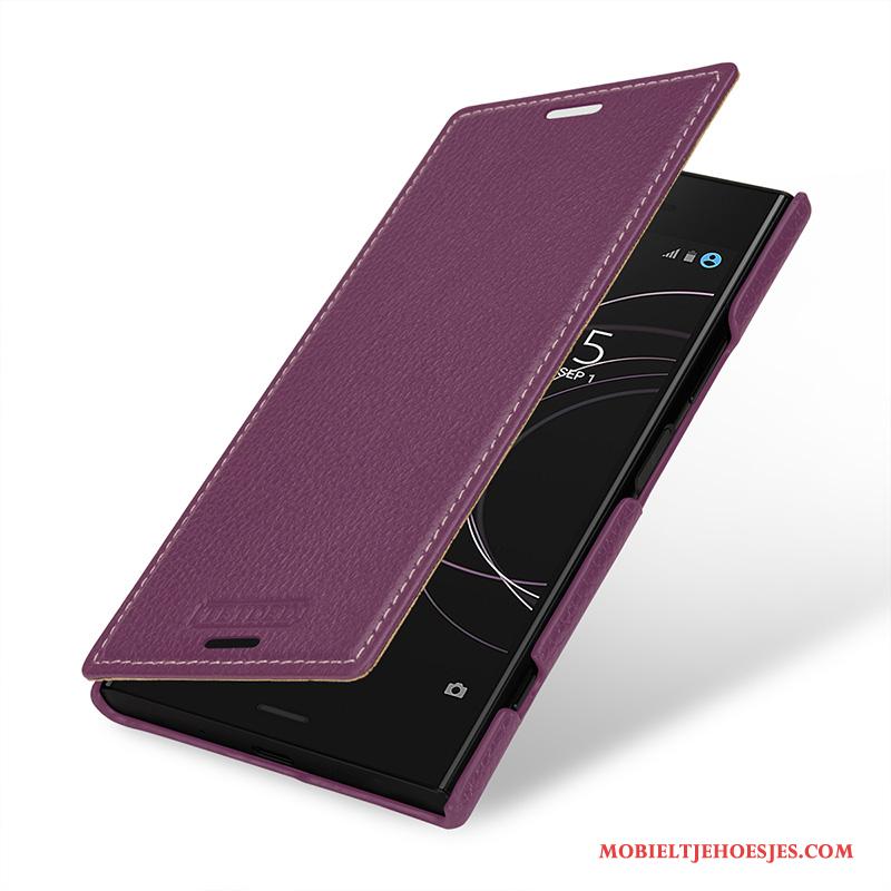 Sony Xperia Xz1 Compact Hoesje Telefoon Anti-fall Purper Folio Bescherming Echt Leer