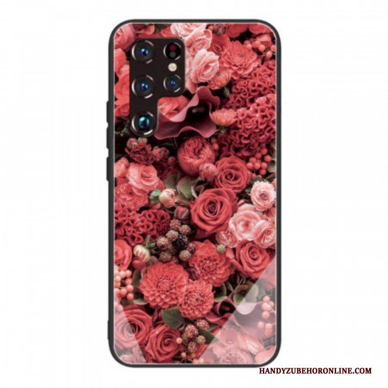 Telefoonhoesje voor Samsung Galaxy S22 Ultra 5G Rose Bloemen Gehard Glas