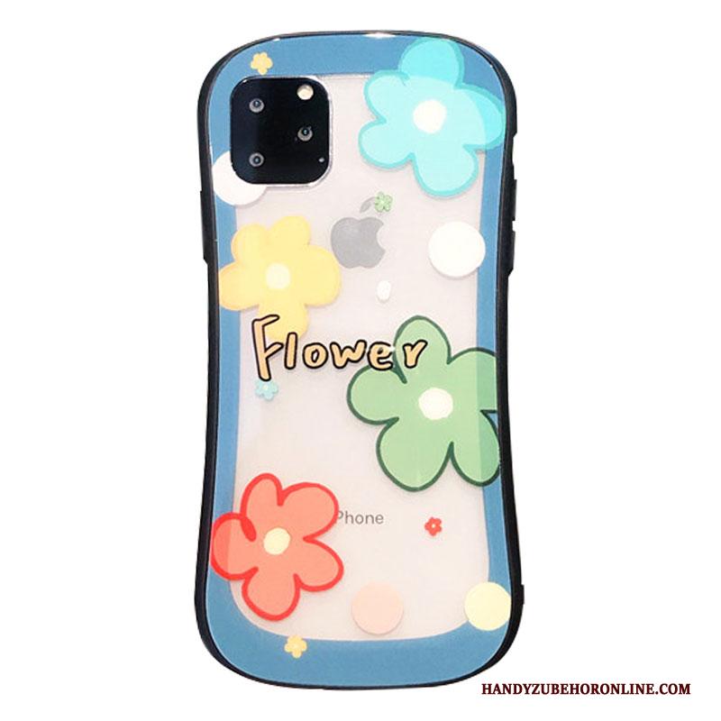 iPhone 11 Pro Max Bloemen Anti-fall Hoesje Telefoon Blauw Bescherming Mini Spiegel