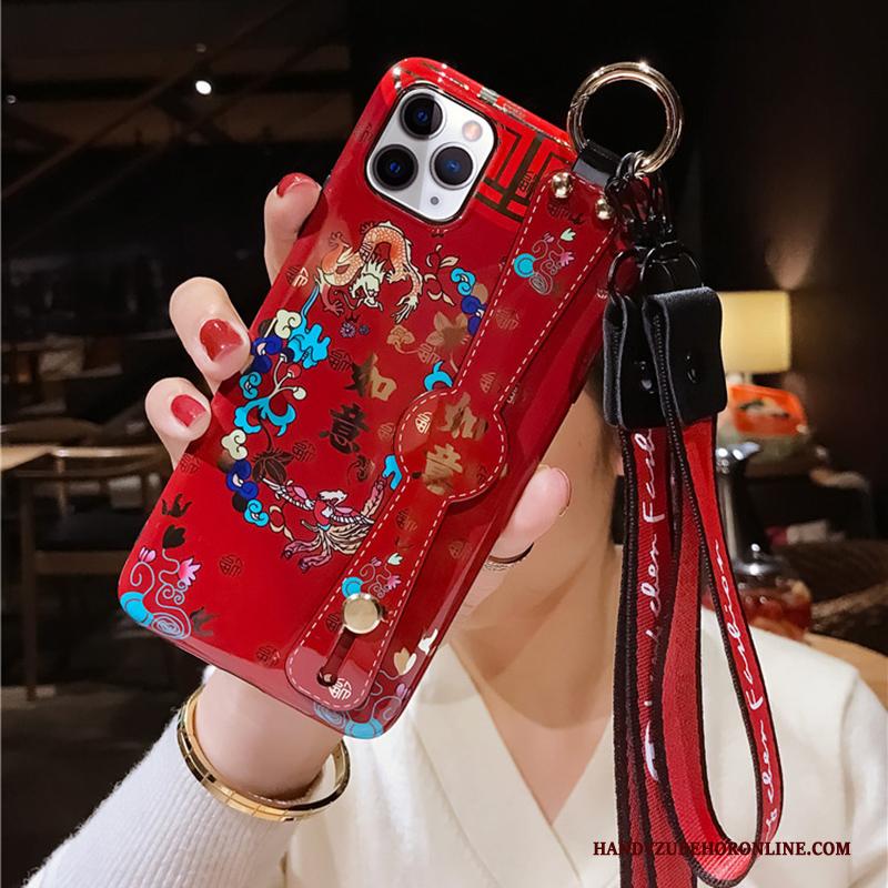 iPhone 11 Pro Max Hoesje Anti-fall All Inclusive High End Rood Hanger Vintage Ondersteuning