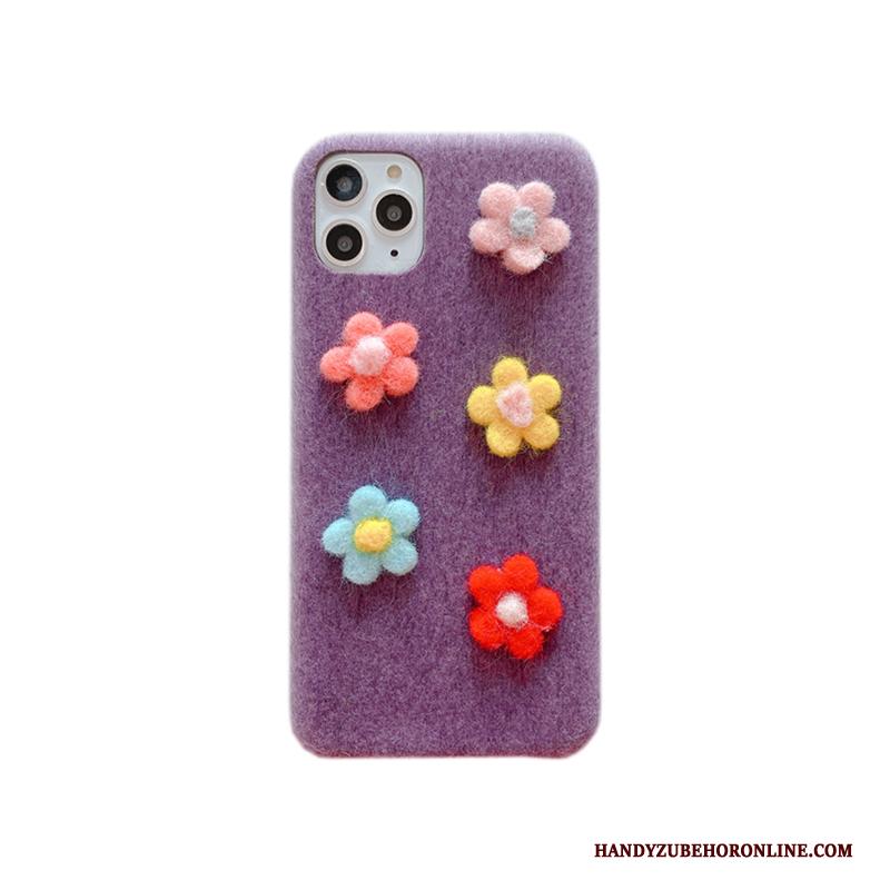 iPhone 11 Pro Max Persoonlijk Wind Bescherming Hoesje Telefoon Pluche Bloemen Purper