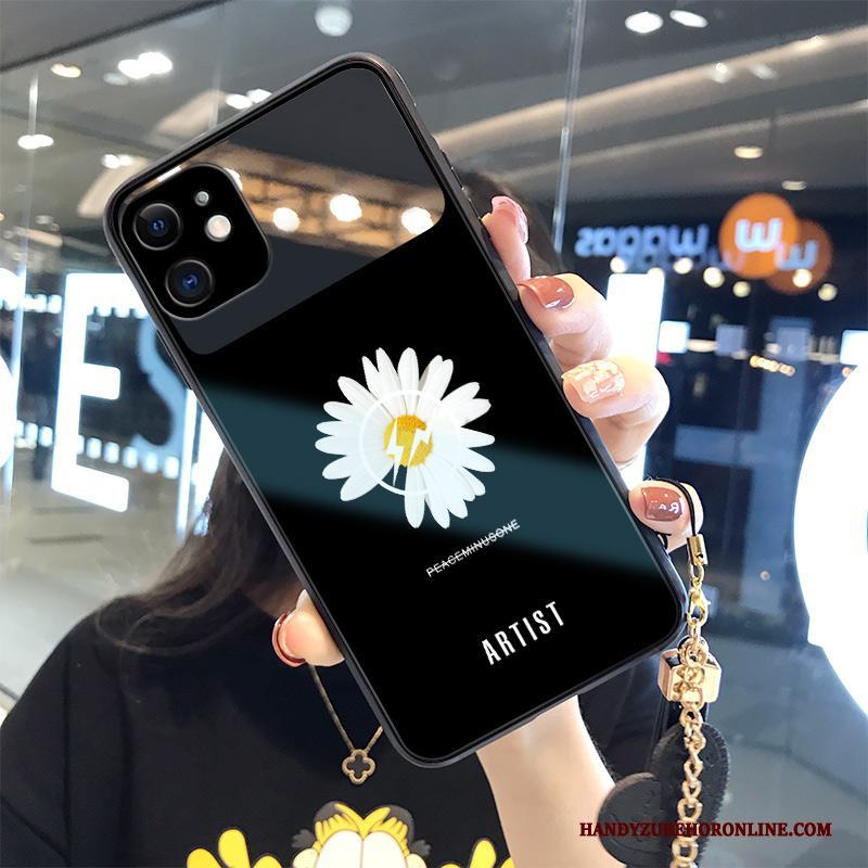 iPhone 12 Hoesje Bloemen Mode Zwart Mini Hanger Gehard Glas Hoes