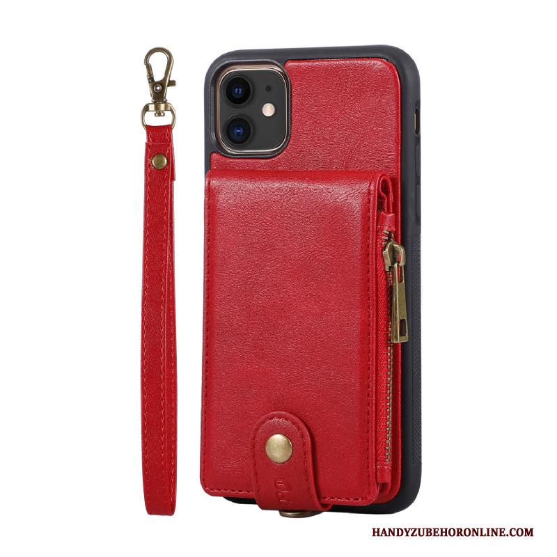 iPhone 12 Ondersteuning Kaart Kaart Tas Portemonnee Rood Leren Etui Hoesje Telefoon