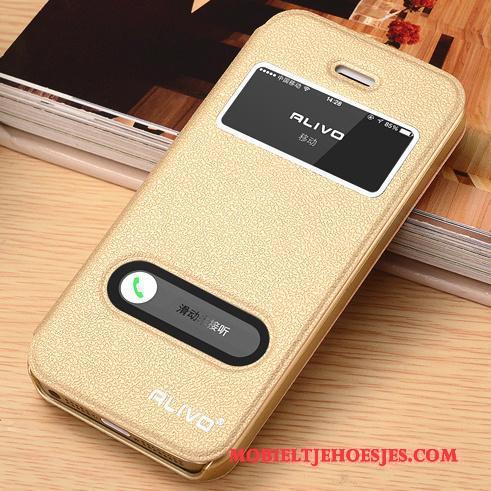 iPhone 5/5s Leren Etui Bescherming Goud Hoes Clamshell Hoesje Telefoon