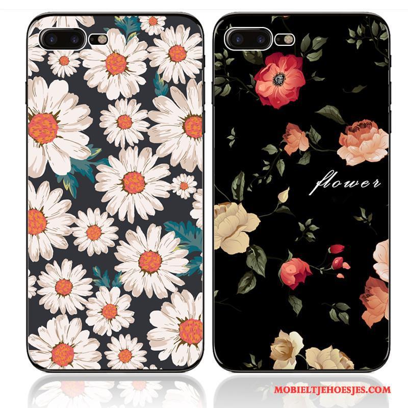 iPhone 7 Kunst Hoesje Zwart Telefoon Bloemen Siliconen Zacht