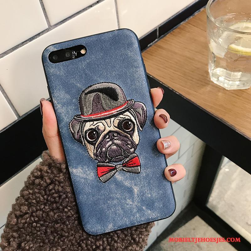 iPhone 8 Plus Blauw Borduurwerk Hoesje Zacht Hond Telefoon Nieuw