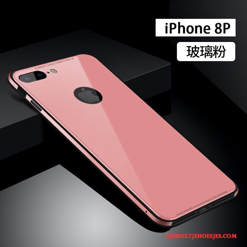 iPhone 8 Plus Hoesje Metaal Glas Trend Hoes All Inclusive Anti-fall Roze