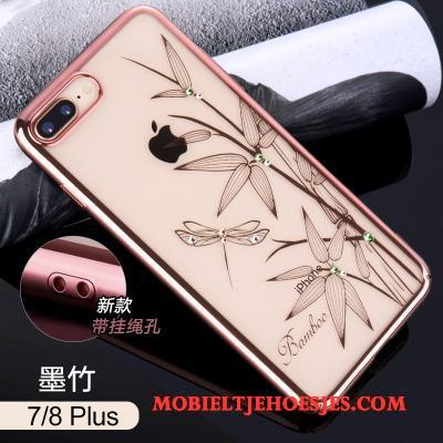 iPhone 8 Plus Hoesje Rose Goud Bloemen Scheppend Doorzichtig Met Strass Persoonlijk