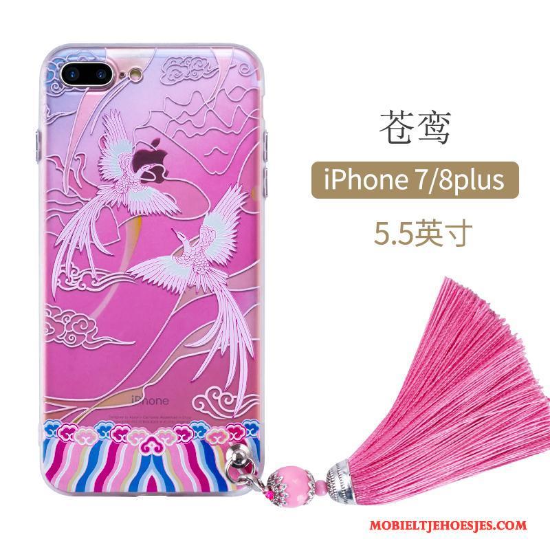 iPhone 8 Plus Hoesje Telefoon Siliconen Hond Borduurwerk Roze Denim All Inclusive