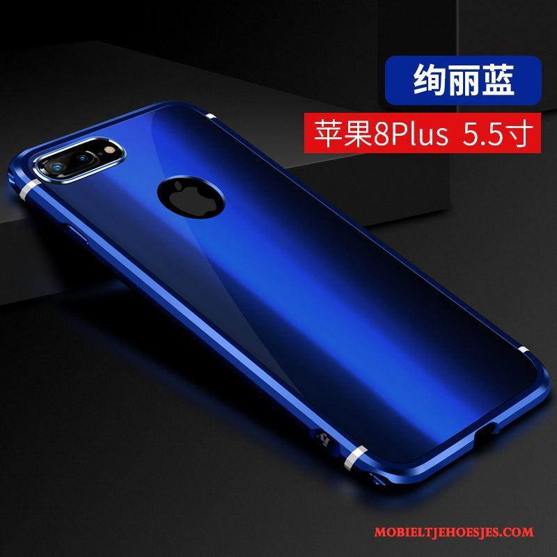 iPhone 8 Plus Luxe Metaal Hoesje Telefoon Trendy Merk Blauw Anti-fall