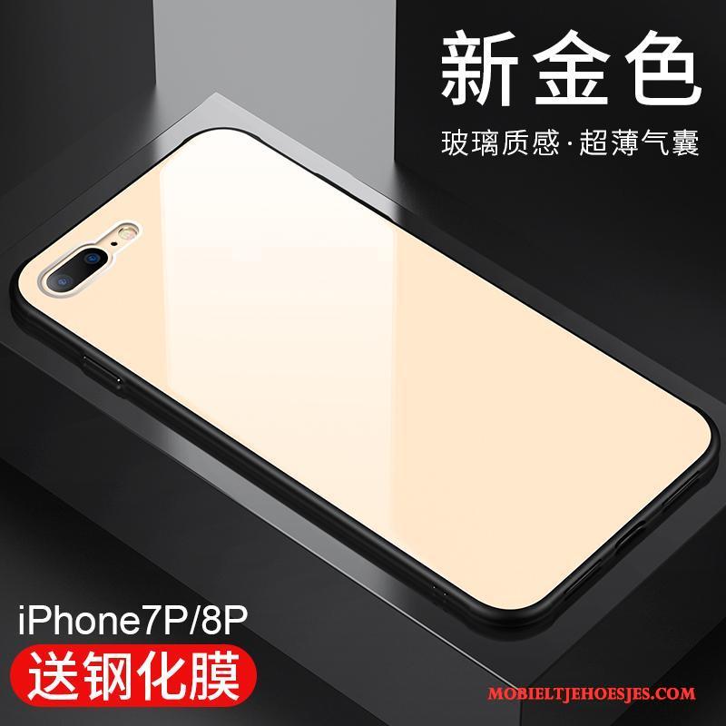 iPhone 8 Plus Pu Hoesje Telefoon Anti-fall Glas Siliconen Hard Goud