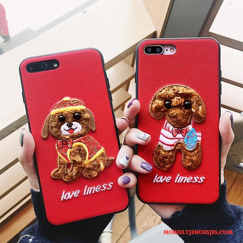 iPhone 8 Plus Rood Hoesje Telefoon Net Red Borduurwerk Trendy Merk Hond