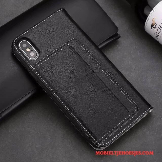 iPhone X Hoesje Folio Leren Etui Winterslaap Anti-fall Zwart Nieuw Echt Leer