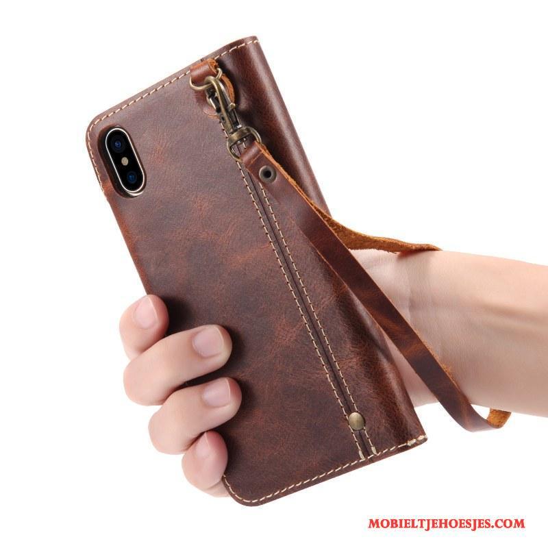 iPhone X Hoesje Leren Etui Anti-fall Brits Hoes Echt Leer Hanger Folio